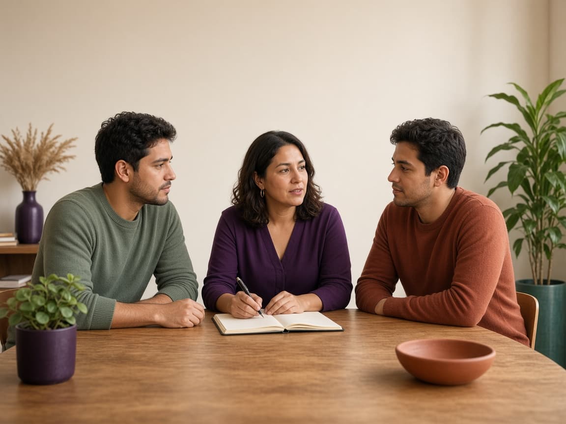 Psicóloga orientando a una familia durante una conversación