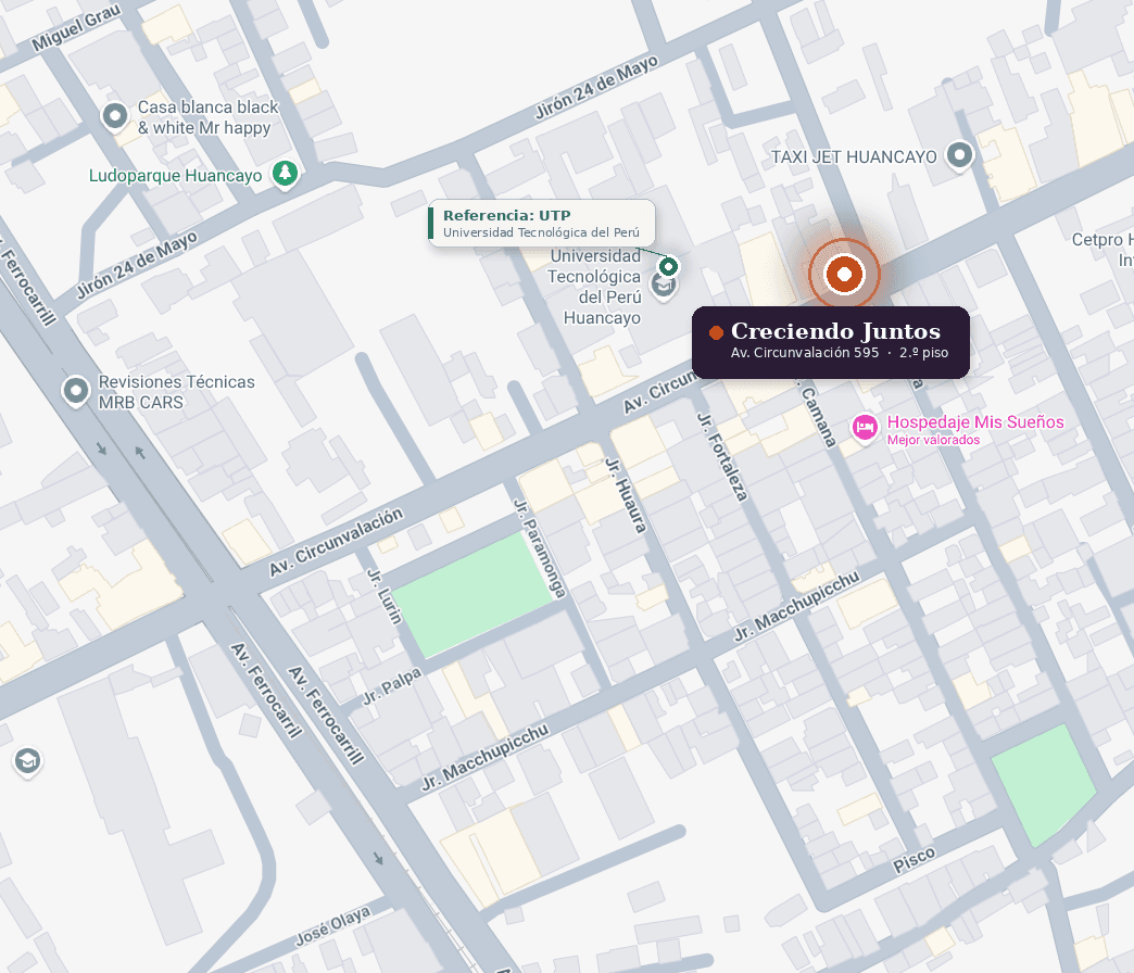 Mapa que señala Creciendo Juntos en la avenida Circunvalación 595, con la UTP como referencia cercana