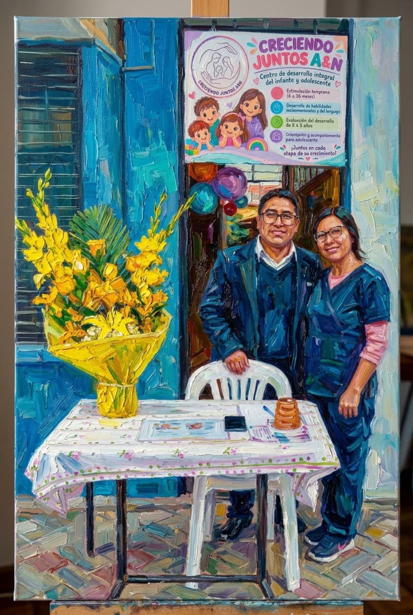 Retrato ilustrado del equipo de Creciendo Juntos en el centro
